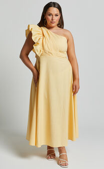 Dixie Midi Dress - Linen Look One Shoulder Ruffle Dress in Lemon