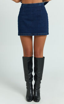 Paige Mini Skirt - High Waisted Denim Skirt in Dark Blue Wash