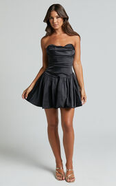 Edina Mini Dress - Strapless Drop Waist Puff Ball Dress in Black | Showpo