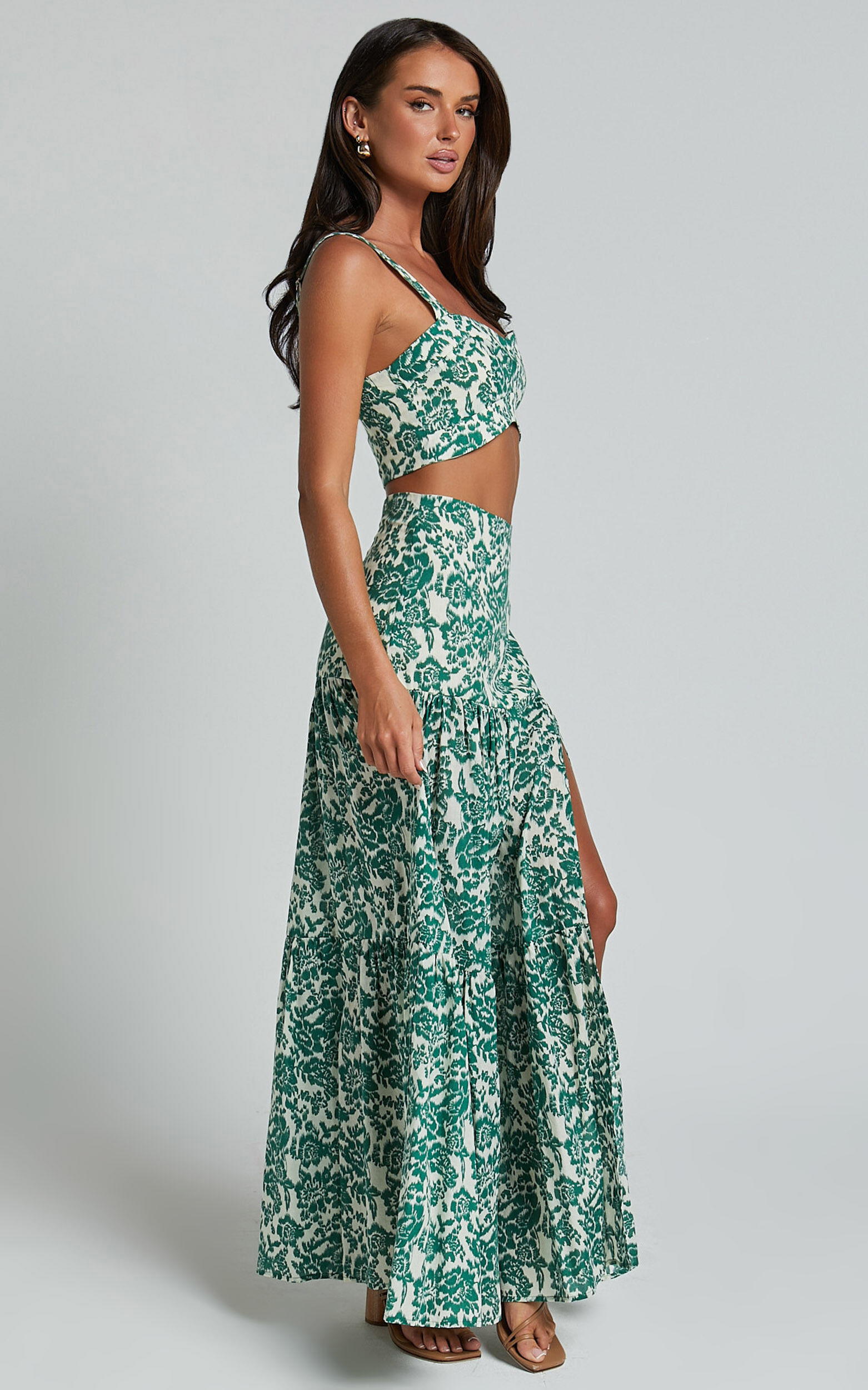 Nelli Two Piece Set Crop Top and Thigh Split Maxi Skirt in White and Green Floral
