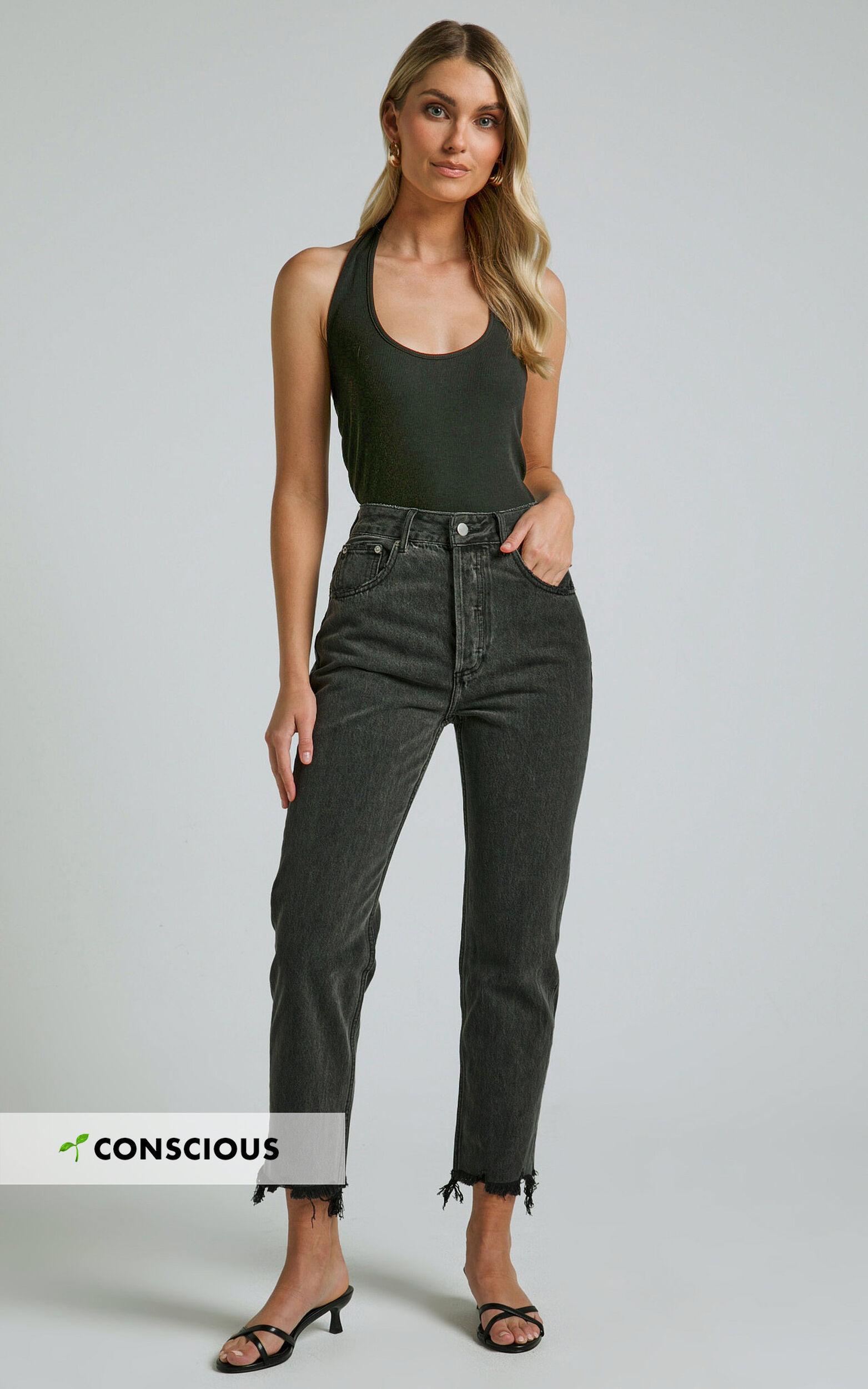 Zelrio Jeans - High Waisted Recycled Cotton Cropped Denim Jeans in Washed Black - 04, BLK1