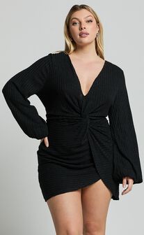 Charmine Mini Dress - Twist Front Long Sleeve Dress in Black