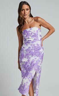 Brailey Midi Dress - Thigh Split Strapless Dress in Purple Jacquard