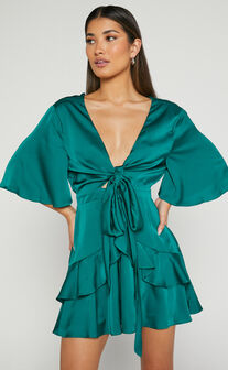 Carmella Mini Dress - Plunge Neck Short Flutter Sleeve Dress in Emerald