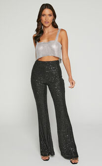 Deliza Pants - Mid Waisted Sequin Flare Pants in Black
