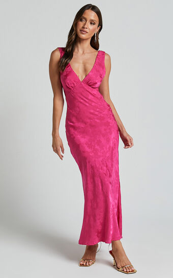 Cohen Midi Dress - Jacquard Satin Midi Dress in Pink