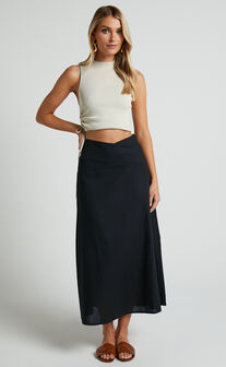 Sundry Midi Skirt - Linen Look High Waisted Cross Front Detail Skirt in Black