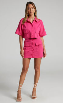 Navine Two Piece Set - Button Front Crop Top and Cargo Pocket Mini Skirt Set in Hot Pink