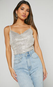 Thea Top - Sequin Cowl Neck Top in Silver