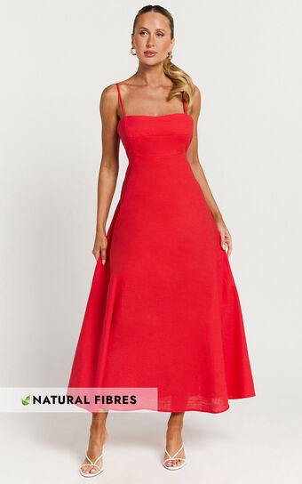 Brette Midi Dress - Linen Look Straight Neck Strappy Fit And Flare Dress in Red