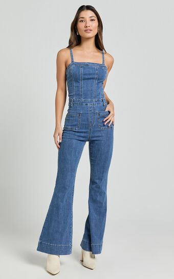 Joey Jumpsuit - Panelled Cami Flared Bottom Denim Jumpsuit in Dark Blue Wash