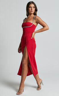 Sharley Midi Dress - Diamante Detail Pencil Dress in Red