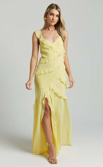 Nitha Maxi Dress - Asymmetrical Frill Thigh Split Dress in Lemon