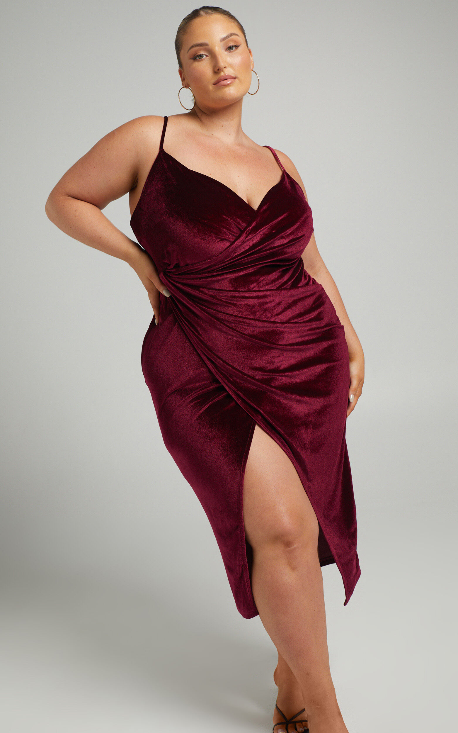 Loving Blind Midi Dress Draped Thigh Split Dress in Wine Velvet