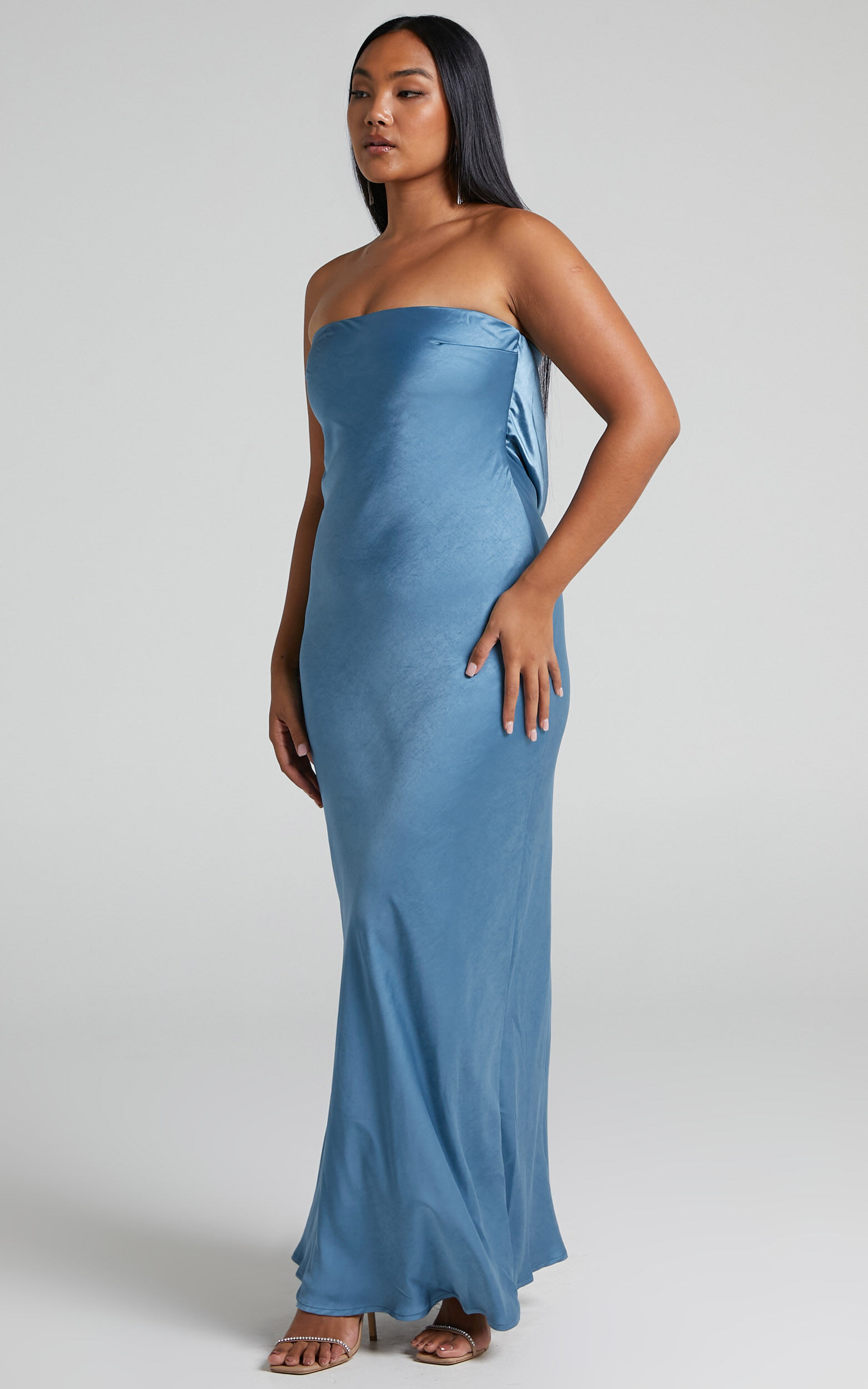 Charlita Maxi Dress - Strapless Cowl Back Satin Dress in Steel Blue |  Showpo USA