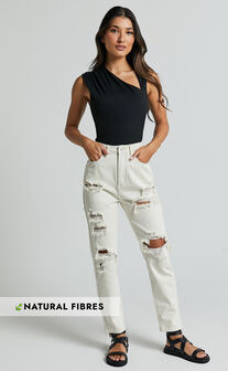 Billie Jeans - High Waisted Cotton Distressed Mom Denim Jeans in Ecru