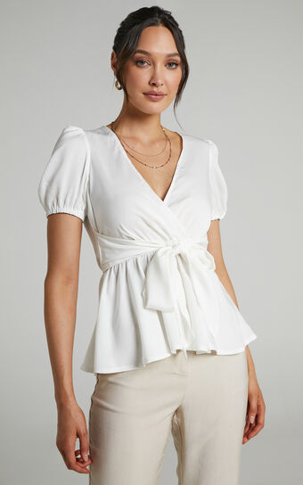 Betts Puff Sleeve Asymmetric Tie Front Peplum Top in White