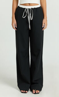 Maliha Pants - Mid Rise Contrast Elasticated Drawstring Wide Leg Tailored Pants in Black