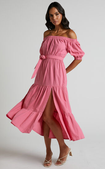 Leora Midi Dress - Off Shoulder Tiered Dress in Pink