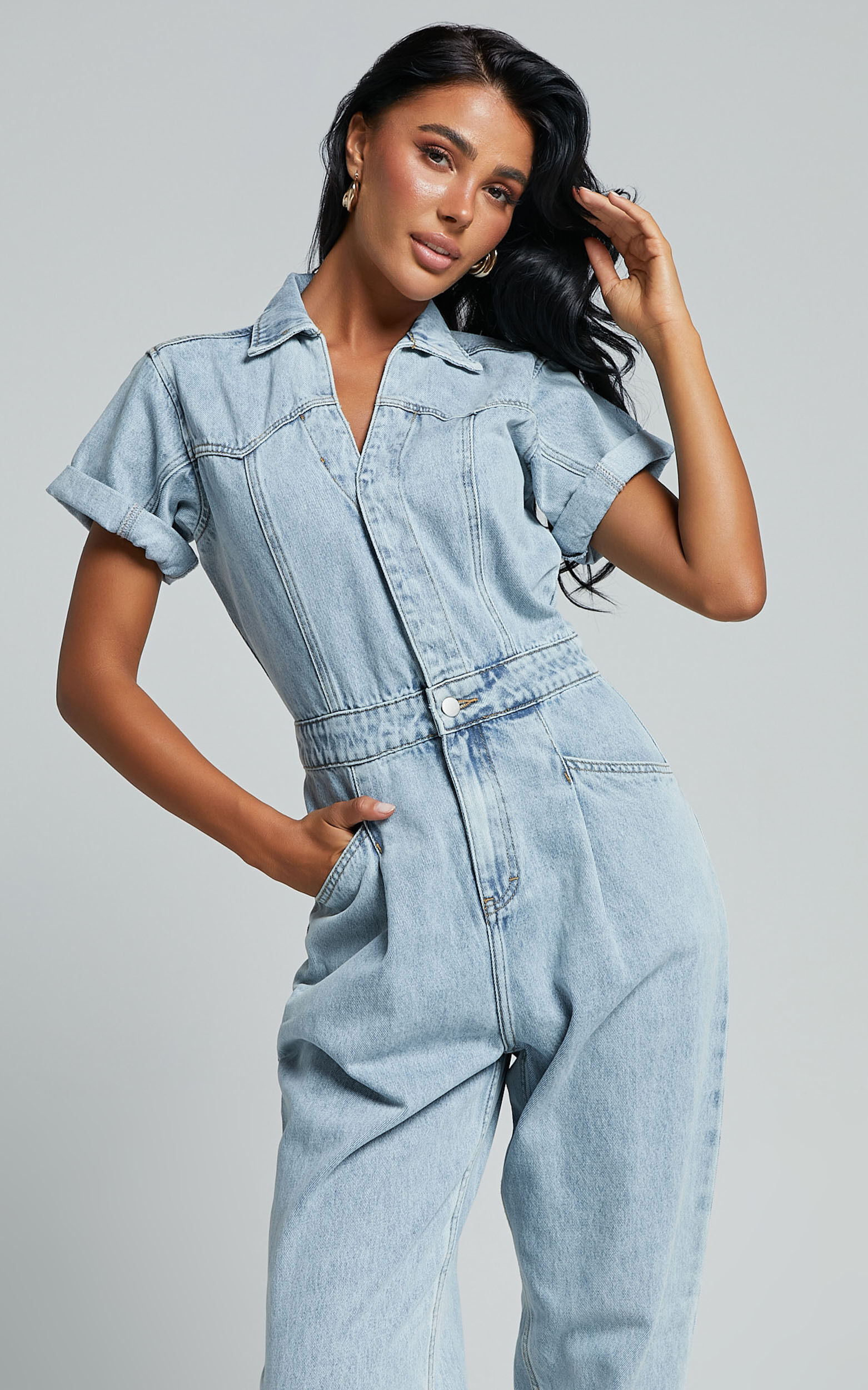 Jordyn Jumpsuit Short Sleeve Collared Button Through Denim Jumpsuit in Light Blue