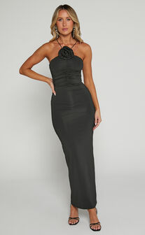 Teagan Midi Dress - Bodycon Ruched Asymmetric Strap Rosette Dress in Black