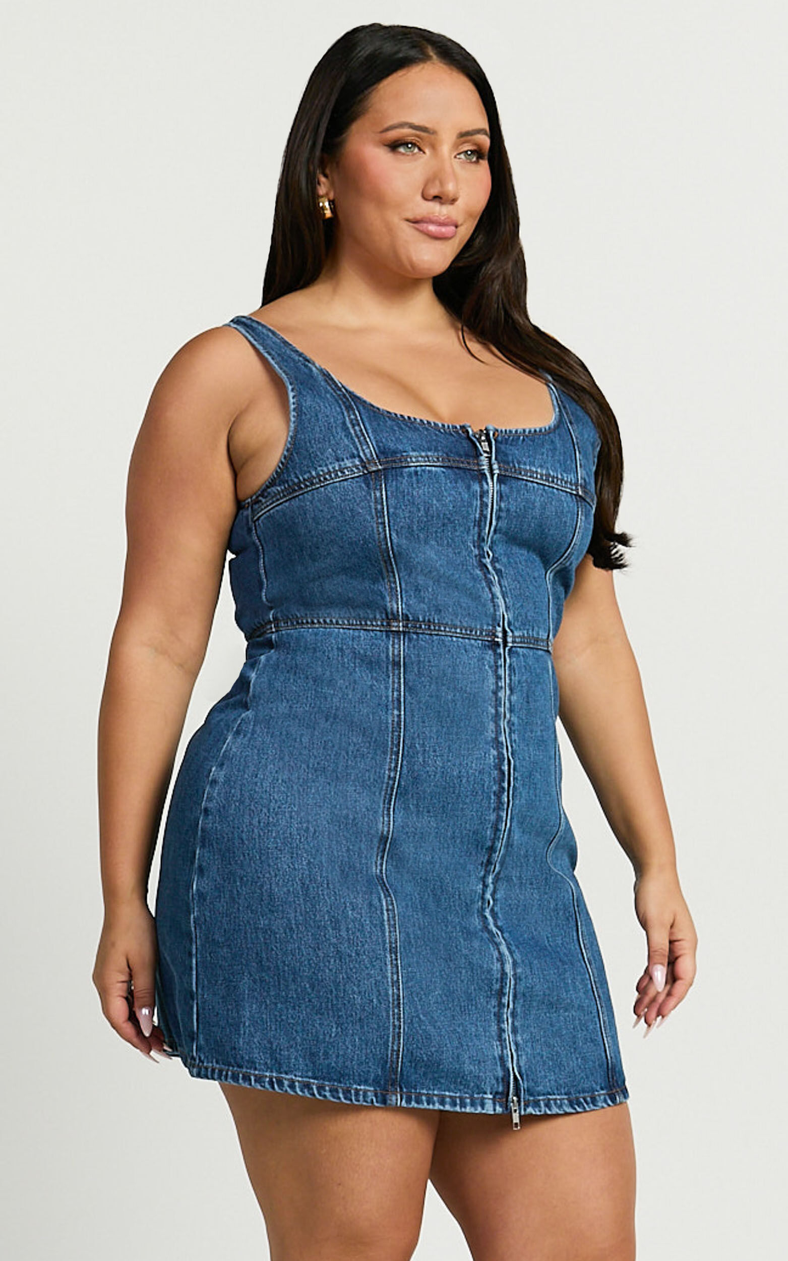Chrysoula Mini Dress Square Neck Zip Front Sleeveless Bodycon Denim in Mid Blue Wash Showpo
