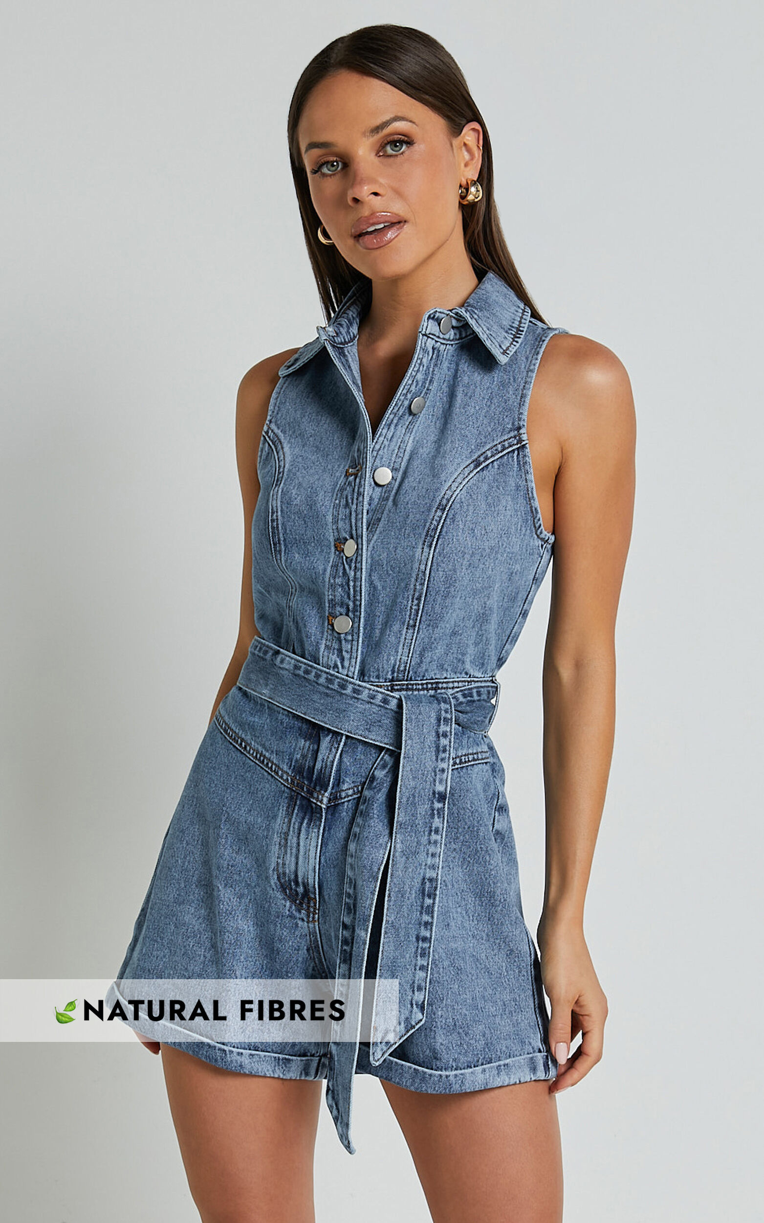 Nilsen Playsuit - Button Through Tie Waist Denim Playsuit in Mid Blue Wash - 06, BLU1