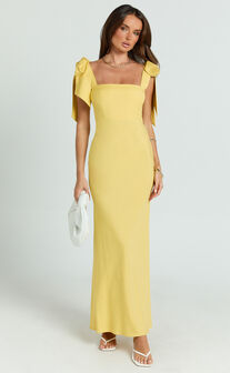 Nora Maxi Dress - Sweetheart Tie Shoulder Bias Cut Dress in Lemon