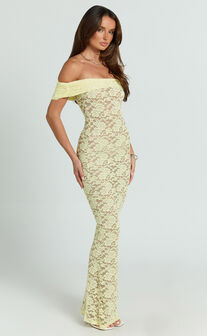 Nalani Maxi Dress - Lace Off Shoulder Column Bodycon Dress in Lemon
