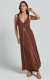 Cathleen Midi Dress - Ribbed Sleeveless Low Back Dress in Chocolate With White Contrast | Showpo USA
