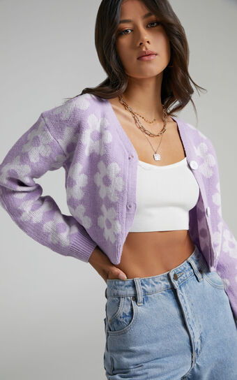 Daisy Flowers Button Up Knit Cardigan in Lilac Lilac