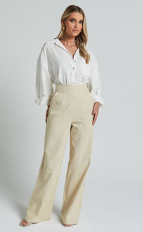 Amalie The Label - Charo Linen Look High Waisted Wide Leg Pants in Stone