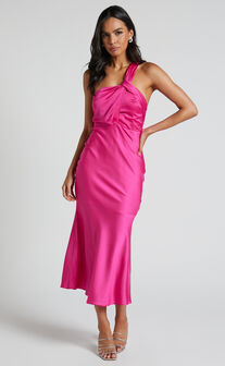 Carmella Midi Dress - One Shoulder Twist Detail Dress in Fuchsia