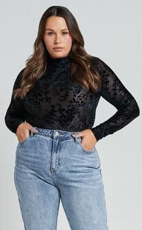 Laura Bodysuit - Longsleeve Velvet Burn Out Bodysuit in Black Floral
