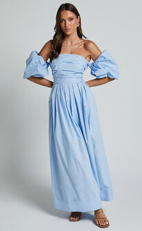 Annie Midi Dress - Off The Shoulder Ruffle Sleeve Pleated Dress in Pale Blue