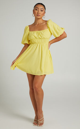 Maretta Mini Dress - Stretch Waist Square Neck Dress in Butter Yellow