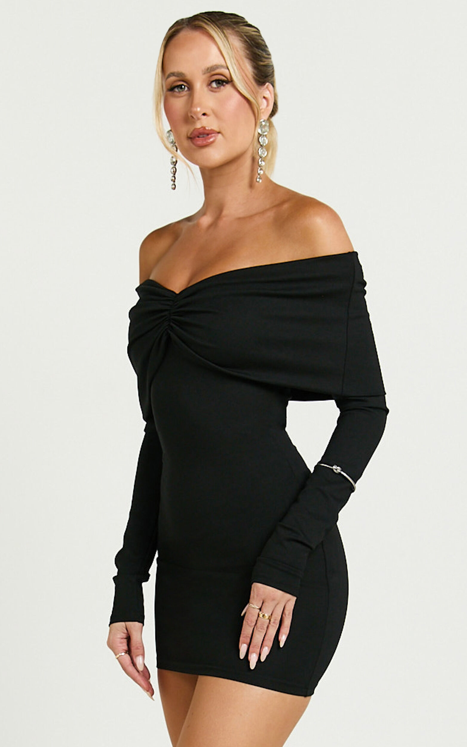 Rani Mini Dress - Off Shoulder Long Sleeve Bodycon Dress in Black ...