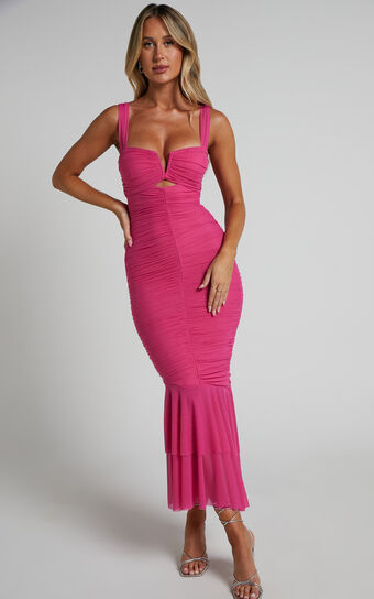 Kody Midi Dress - Bodycon Ruched Mesh Cut Out Dress in Hot Pink No Brand