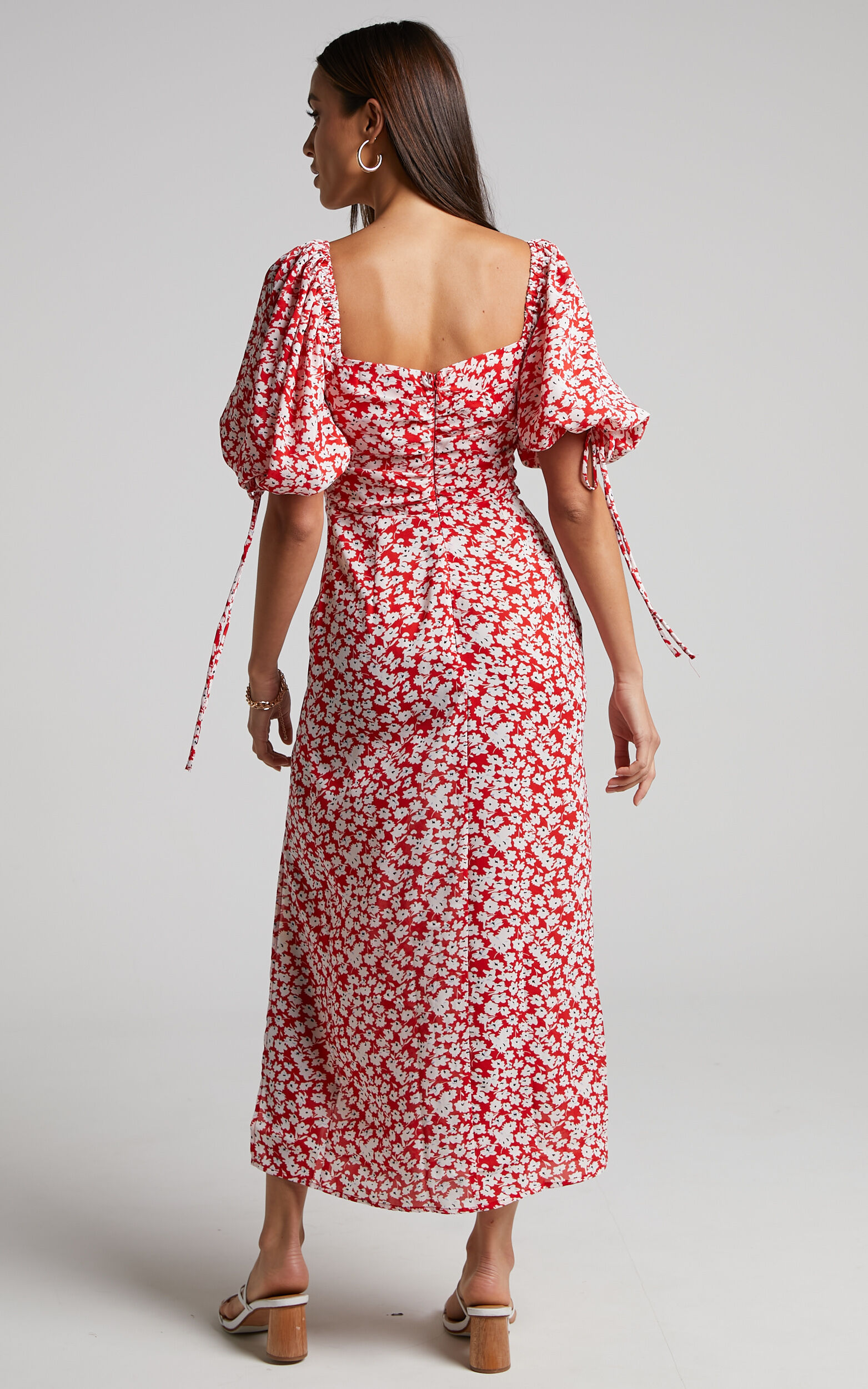 Rosario Midi Dress Ruched Bust Puff Sleeve Dress in Red Ditsy Floral Showpo USA