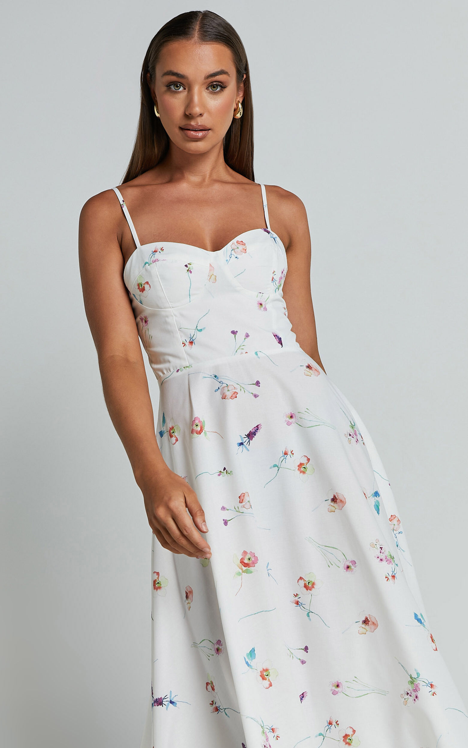 Robertson Midi Dress - Strappy Sweetheart Bustier Flare Dress in Painterly Wild Flower | Showpo USA