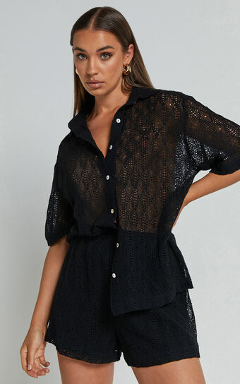 Badeth Two Piece Set - Crochet Knit Button Through Short Sleeve Shirt and Shorts Set in Black