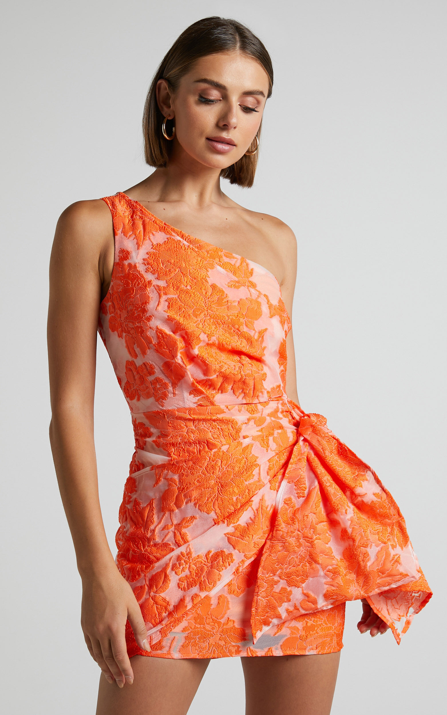 Brailey Mini Dress - One Shoulder Wrap Front Dress in Orange Jacquard |  Showpo USA