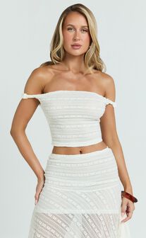 Hayden Top - Twist Off Shoulder Lace Crop Top in White