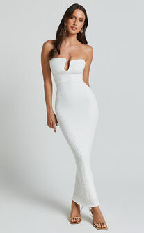 Alberta Maxi Dress- Strapless bust detail textured dress in White