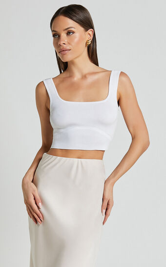 Emlei Top - Square Neck Cropped Knit Top in White Showpo