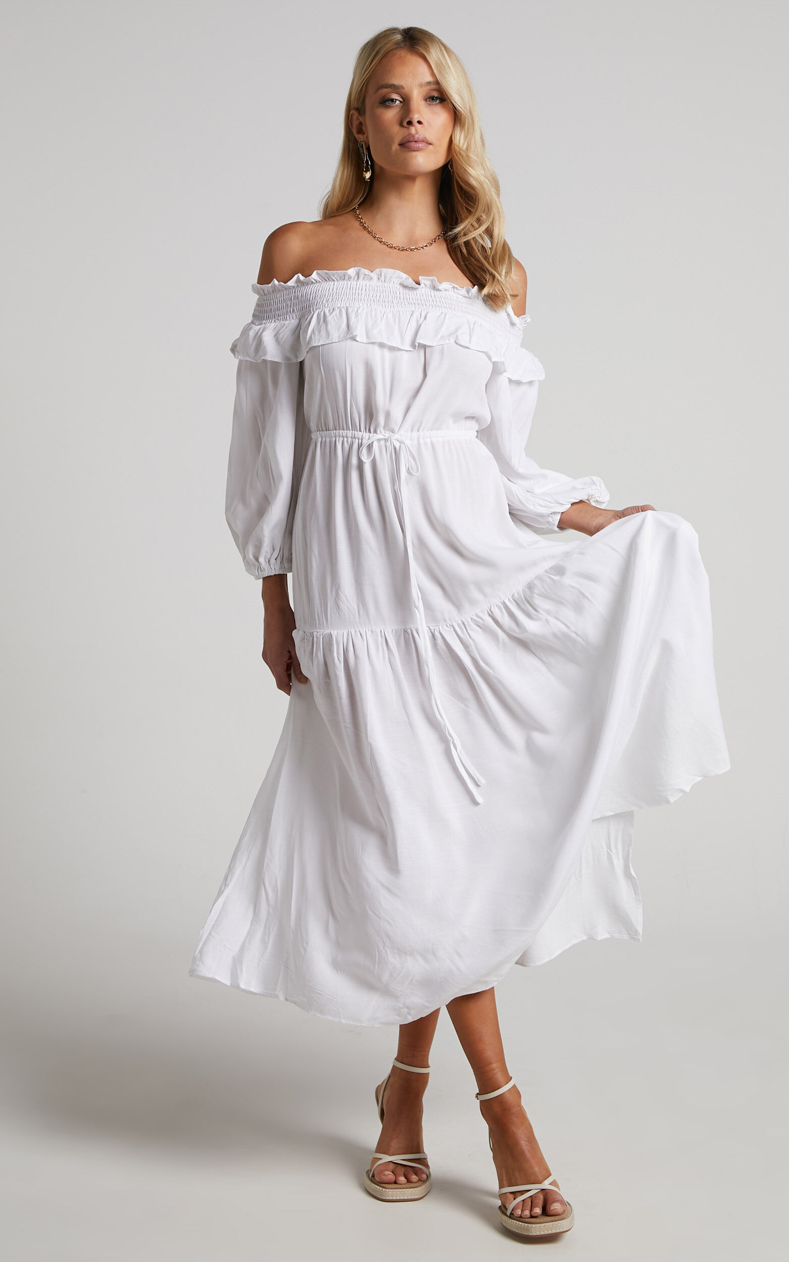 Millania Midi Dress - Off Shoulder Long Sleeve Tiered Dress in White - 04, WHT1
