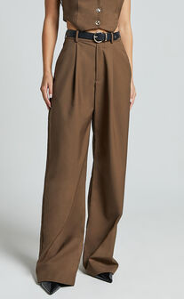 Izara Trousers - Mid Rise Relaxed Straight Leg Tailored Trousers in Oak