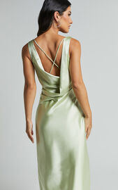 Bettina Midi Dress- Deep V Cross Back Satin Dress in Apple Green | Showpo