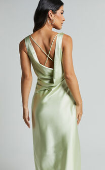Bettina Midi Dress- Deep V Cross Back Satin Dress in Apple Green