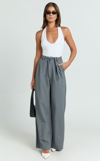Frankie Pants - Low Rise Pleated Front Buckle Wide Leg Pant in Grey